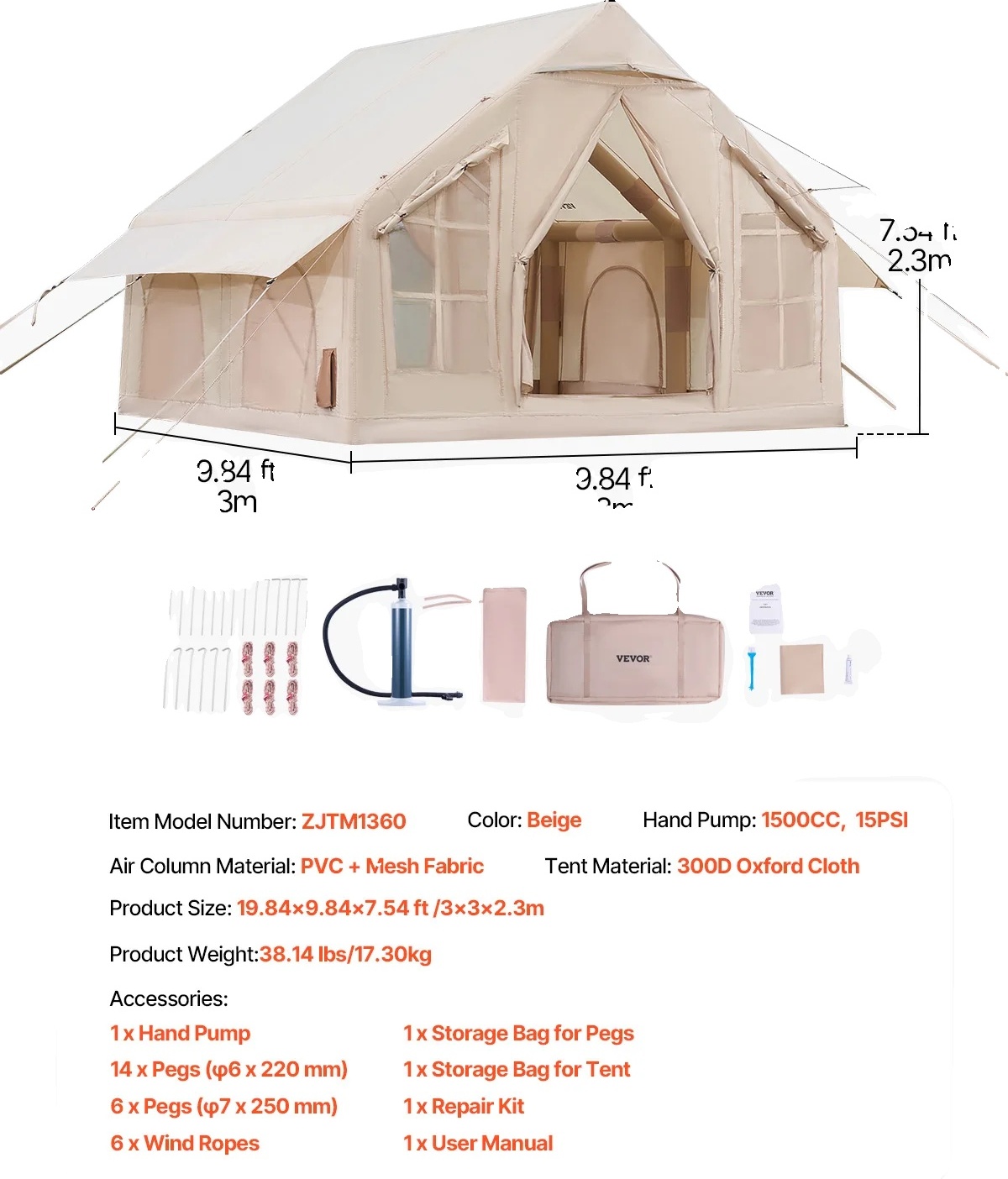 Aufblasbares Campingzelt, geräumiges Design 3x3m, strapazierfähiges 300D Oxford-Gewebe, 3x3,1m