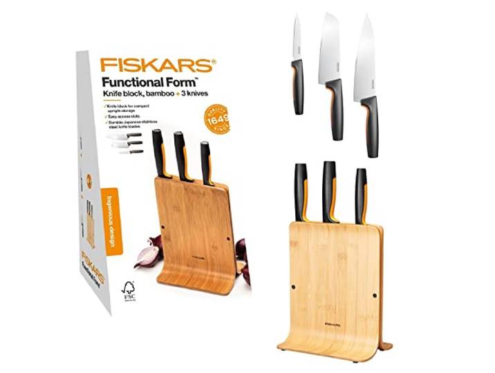 Fiskars Bloc de Couteaux en Bambou avec 3 Couteaux\, Functional Form Comprenant Couteau d'Office\, Couteau de Chef Santoku et Couteau de Chef\, Plastique\, Bambou\, 1057553