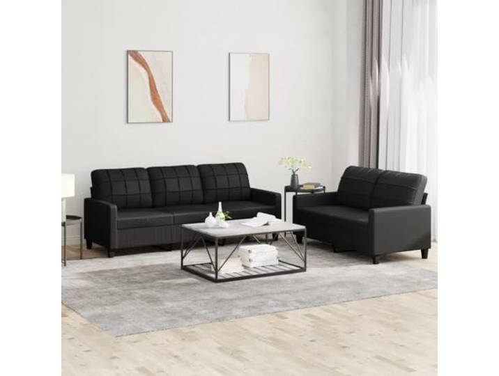 HEFZGDB 2-TLG. Sofagarnitur mit Kissen Schwarz Kunstleder Langlebig Modern für Wohnzimmer, Robuste Konstruktion aus Sperrholz und Metall, Dick gepolsterte Sitzflächen