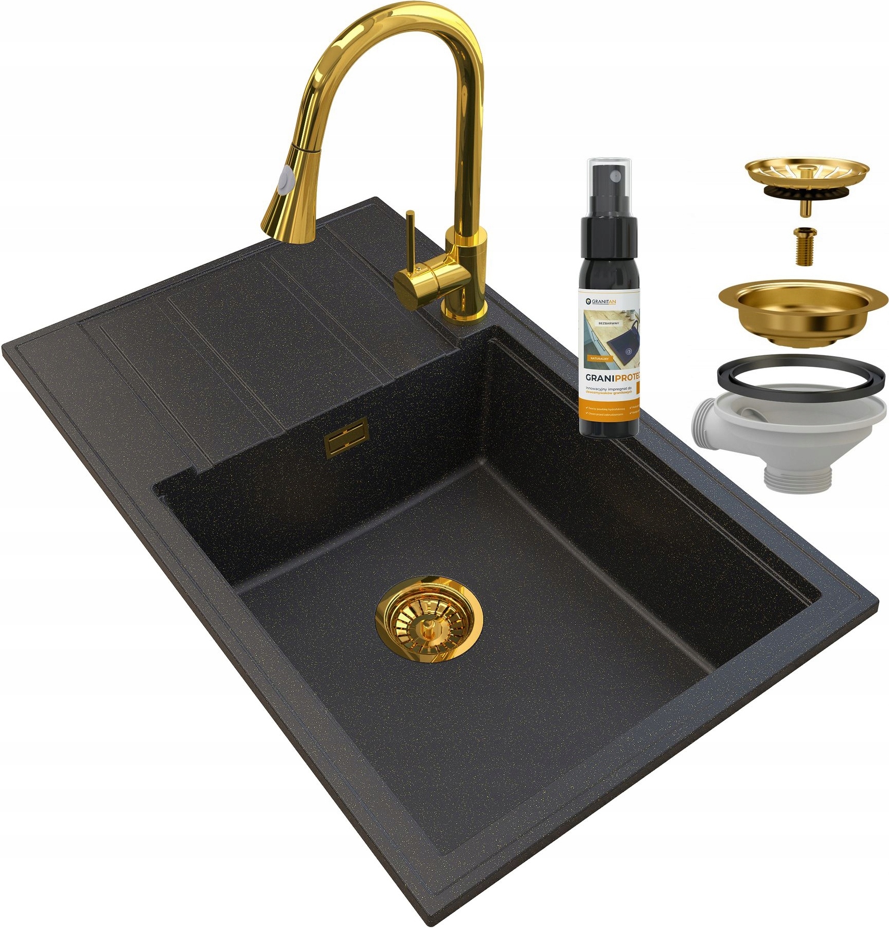 Granitan | Granitspüle LOUIS GOLD - Schwarz mit goldenen Sprenkeln - Modernes Design - Einbau mit Zubehör