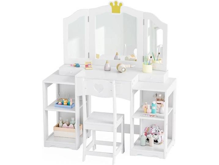 Ensemble Coiffeuse Enfant LALAHO avec 3 Miroirs Pliants 3 Tiroirs et 4 Étagères – Design Couronne Blanc