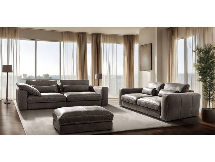 Big-Sofa Grau Echtleder Nelja 240cm 3 Kissen Modern