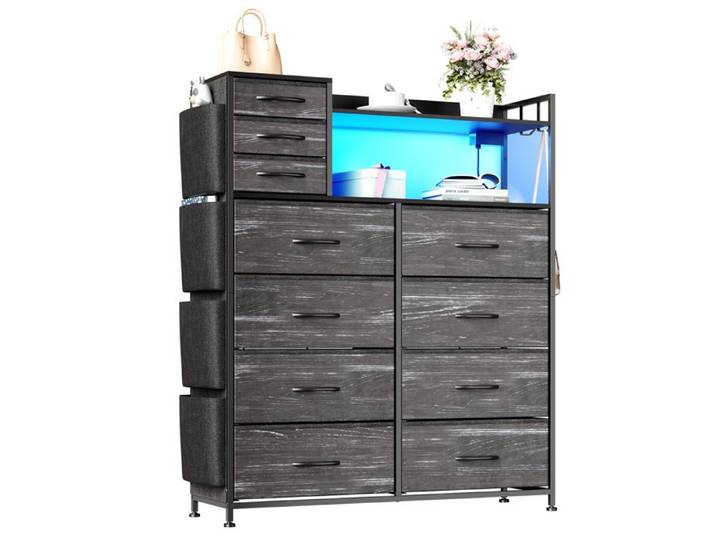 Commode à 11 Tiroirs Éclairage LED Prises USB & USB-C 4 Poches Latérales Crochets Commode de Chambre Métal & Bois Noir