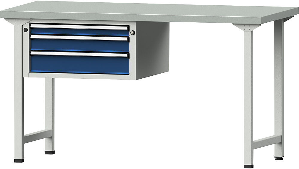Werkbank, Gestellbauweise Serie V, 3 Schubladen, Stahlblechbelag ANKE