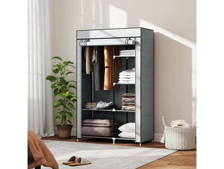 HOMCOM Armoire Penderie 6 Étagères Barre Non Tissé Gris