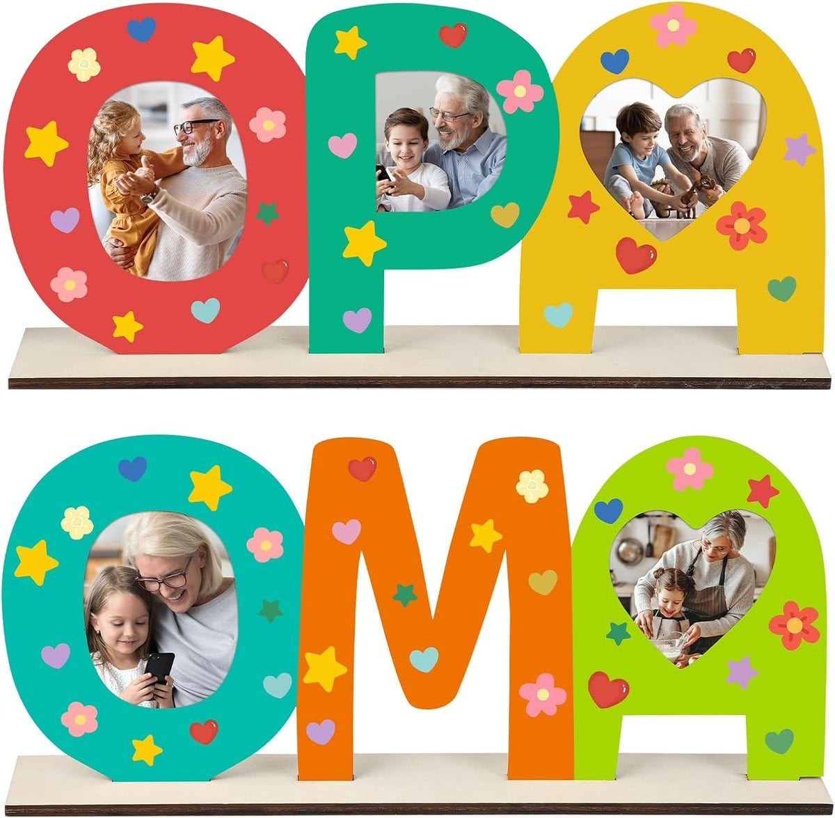Creatieve knutselset met houten letters en fotolijsten voor opa en oma