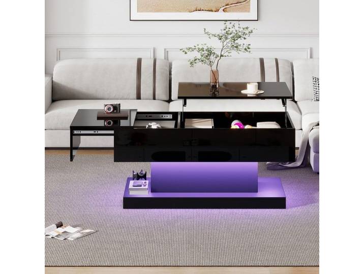 Table basse relevable blanc brillant LED glissant 100x50x45 cm hydraulique Noir
