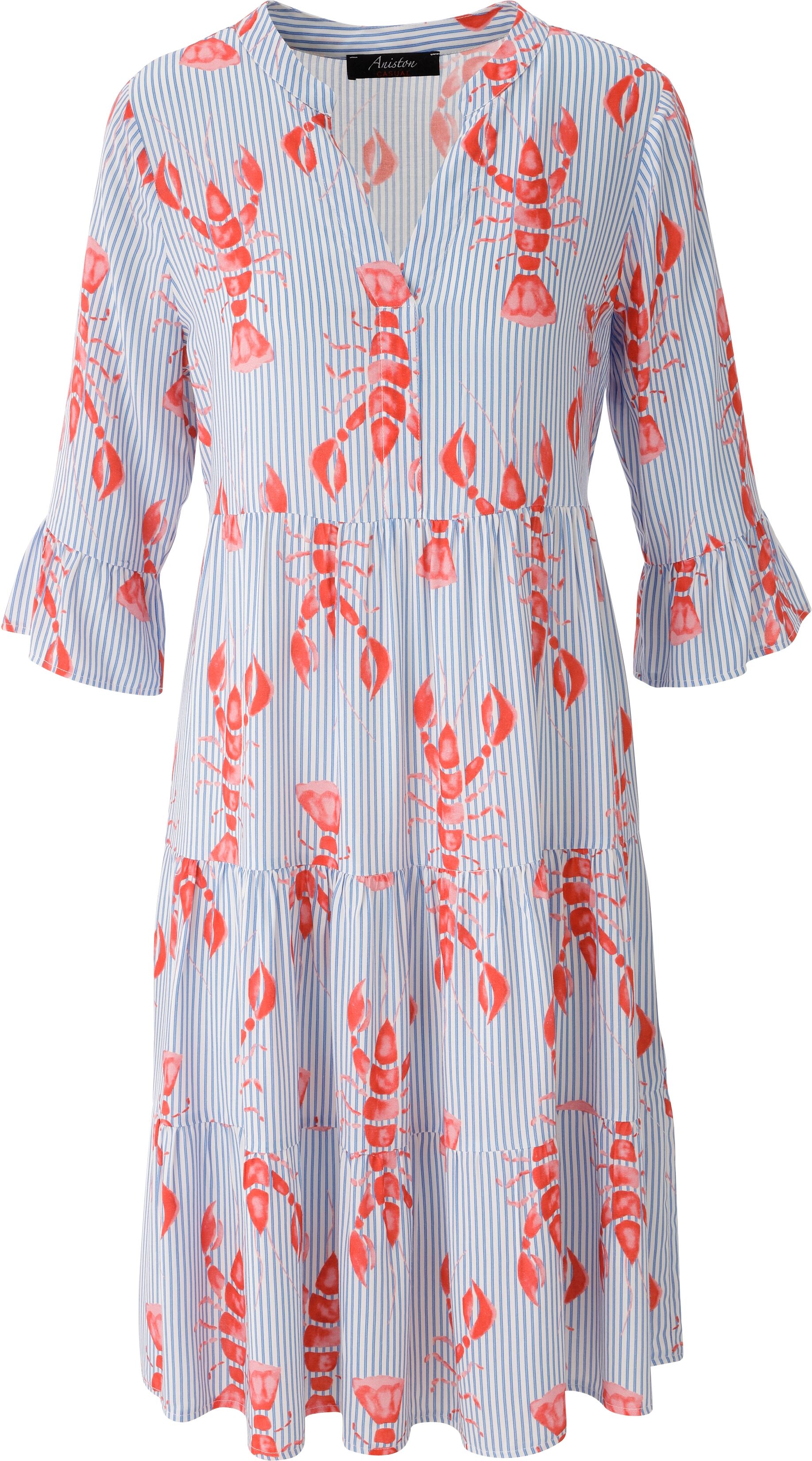 Tunikakleid ANISTON CASUAL, Damen, Gr. 44, N-Gr, blau (weiß, hellblau, rot, rosa), Web, Obermaterial: 100% Viskose, bedruckt, gestreift, lässig geschnitten kniefrei, V-Ausschnitt, Volant, Kleider Tunikakleid, gestreift und mit Krebsen bedruckt weiß, hellb