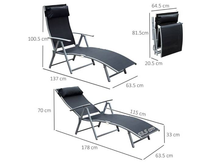 Chaise longue pliable Chaise longue de jardin avec coussin 137x63 5x100 5cm métal et tissu noir pour la plage et la terrasse