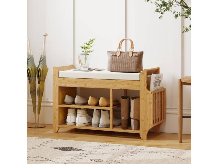 HOMCOM Banc Chaussures Bambou 80x30x50cm Assise Rembourrée Rangement