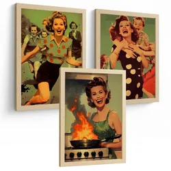 POSTER 3er Bilder-Set Wandbilder Retro Pin-up modern Wohnzimmer Deko, Schlafzimmer, Küche, Badezimmer Leichter Holzrahmen A4