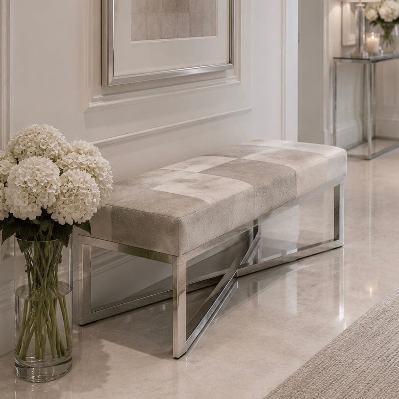 Tigran Light Grey Leather Bench with Silver Base