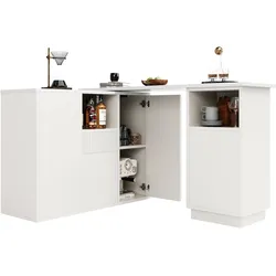 STILVORA Bartisch Drehbar Weiß 210x30x101 cm mit Marmoroptik Arbeitsplatte, L Form oder linear stellbar, offene Fächer und Schranktüren, MDF