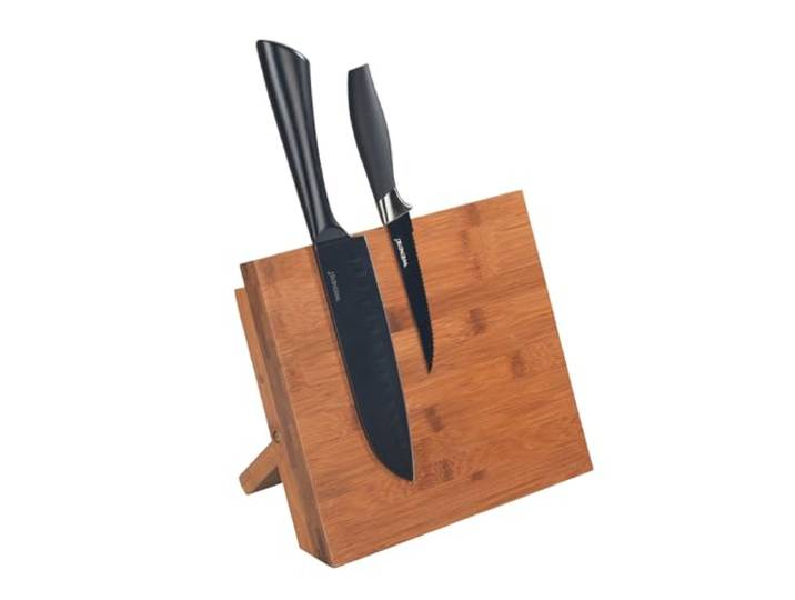 WENKO Porte couteaux magnétique Mod. Mesina Support couteaux en bambou pour cuisine Accès rapide avec aimants puissants DIM (l x h x p) 23\,5 x 21 x 13 cm Marron foncé