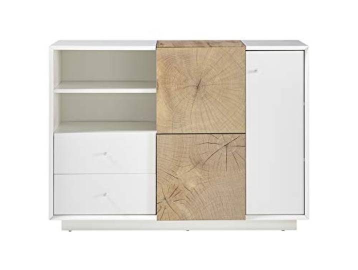 Robas Lund Wohnzimmerschrank Kommode weiß matt, Wohnzimmerschrank mit Absetzung Eiche Hirnholzoptik, BxHxT 116x83x40 cm, 48381WE2
