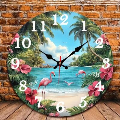 Inspired Living Tropical Flamingo Beach Wall Clock With Silent Quartz Movement & Digital Display Tropical Flamingo Beach Wall Clock With Silent Quartz Movement & Digital Display