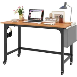 COSTWAY rollbarer Schreibtisch, mit abnehmbarer Stofftasche & Kopfhörerhaken, für Büro & PC, 120x60x75cm, Natur