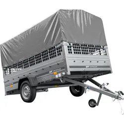 PKW-Anhänger 264x150 UNITRAILER GARDEN 265 KIPP mit Gitteraufsatz, Hochspriegel H-800 und grauer Plane