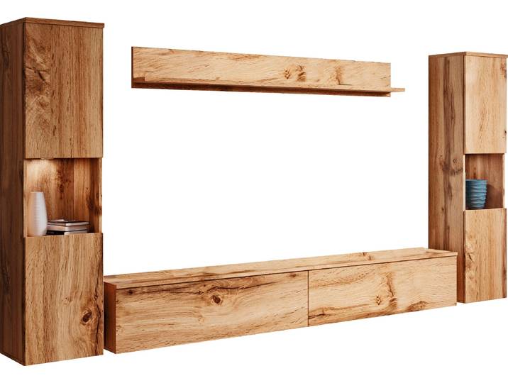 Wohnwand OTTO HOME PARIS, Vitrine Türanschlag links/rechts wechselbar , braun (eichefarbe votan, eichefarbe votaneichefarbe votan, weiß hochglanz), B:260cm H:130cm T:33cm, Hartfaserplatte, Kastenmöbel-Sets, Wohnwand, grifflose Design, stehend und hängend montierbar