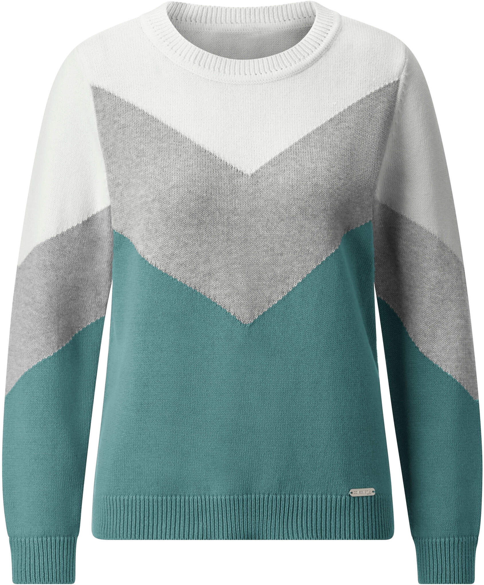 Strickpullover WITT "Pullover Rundhalspullover mit Colour-Blocking", Damen, Gr. 42, jade, hellgrau, meliert, Sportlich, Rundhals, Pullover Strickpullover