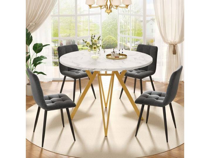 Ensemble Salle à Manger 5 Pièces - Table Ronde Ø100cm Marbre & Pieds Or - 4 Chaises Lin Gris - Style Moderne