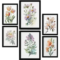 POSTER Set Mit 6 Blumensträuße Vollfarbige Natur Und Botanikdrucke Mit Blumenmotiven Auf Reinweißen Hintergründen A3 & A4 Schwarzer Rahmen
