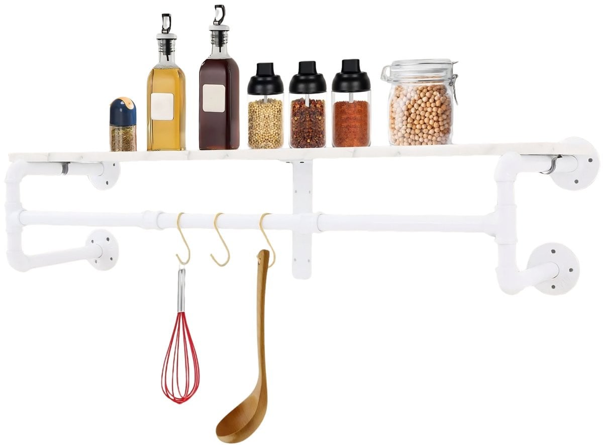 Wandgemonteerde Kapstok met Houten Plank en 3 Haken – Wit