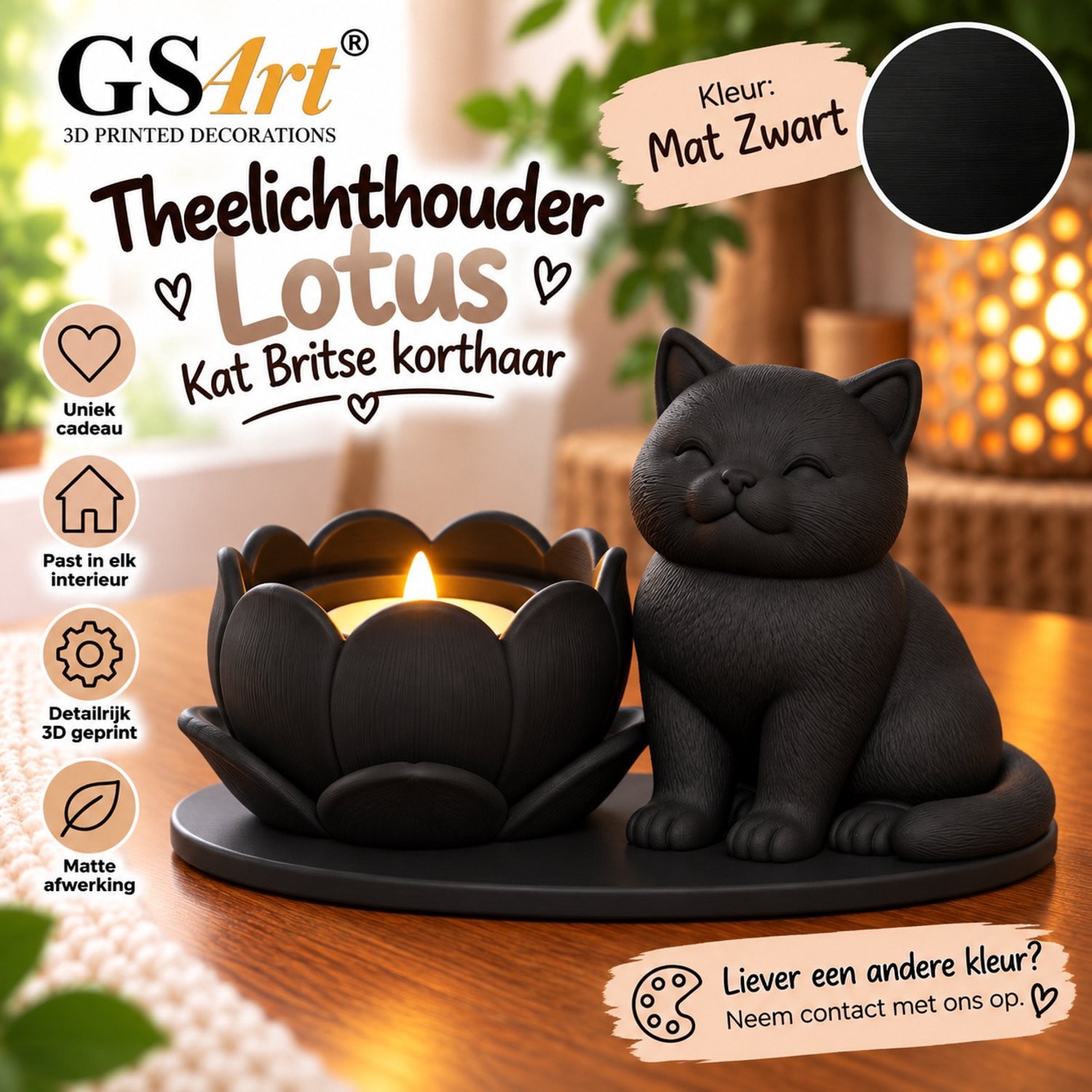 GSArt Theelichthouder Lotus Britse Korthaar Kat LED Mat Zwart