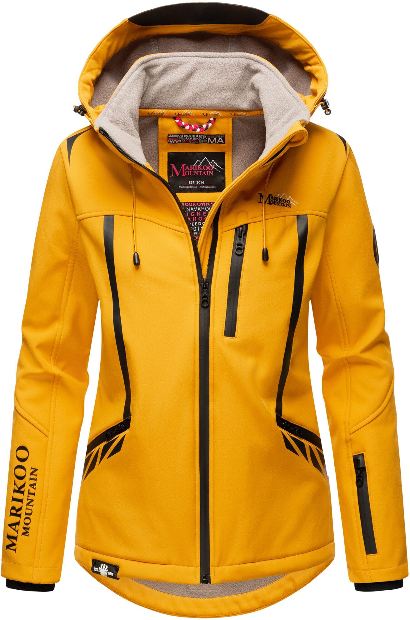 Softshelljacke MARIKOO "Mount-Cho-Oyu", Damen, Gr. S, gelb (amber gelb), Obermaterial: 95% Polyester, 5% Elasthan. Futter: 100% Polyester. Ärmelfutter: 100% Polyester, Jacken Softshelljacke, mit abnehmbarer Kapuze