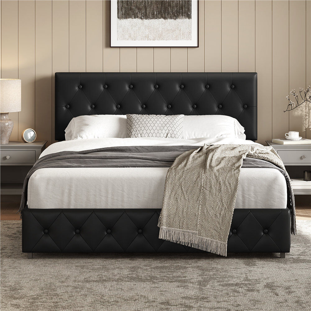 Yaheetech Upholstered Bed Frame with Drawer Storage Black Double (4'6)
