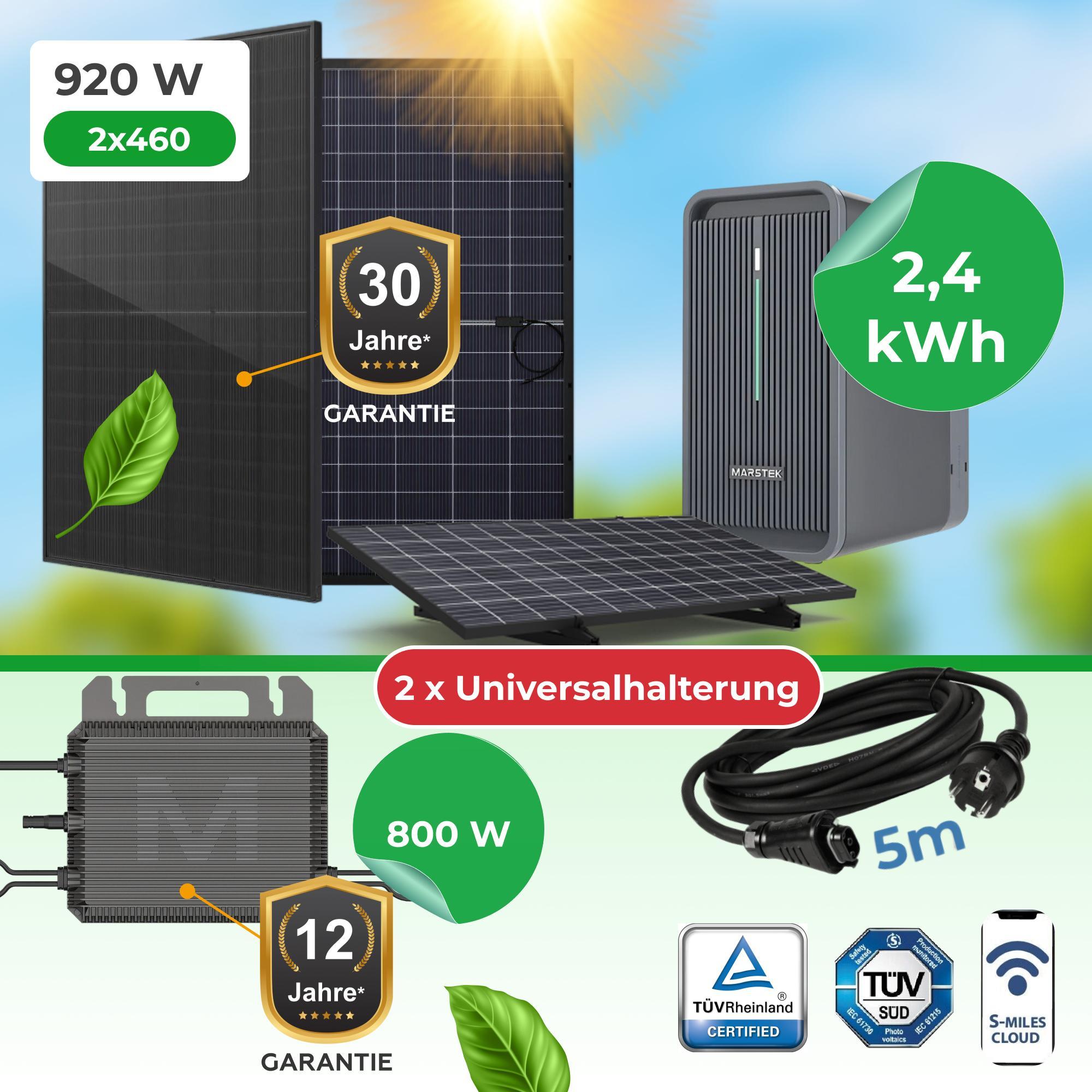 920W Balkonkraftwerk Komplettset mit 2,24kWh Marstek B2500D Speicher - 2x460W bifaziale Glas-Glas Solarmodule, M2-800 Wechselrichter & Universalhalter