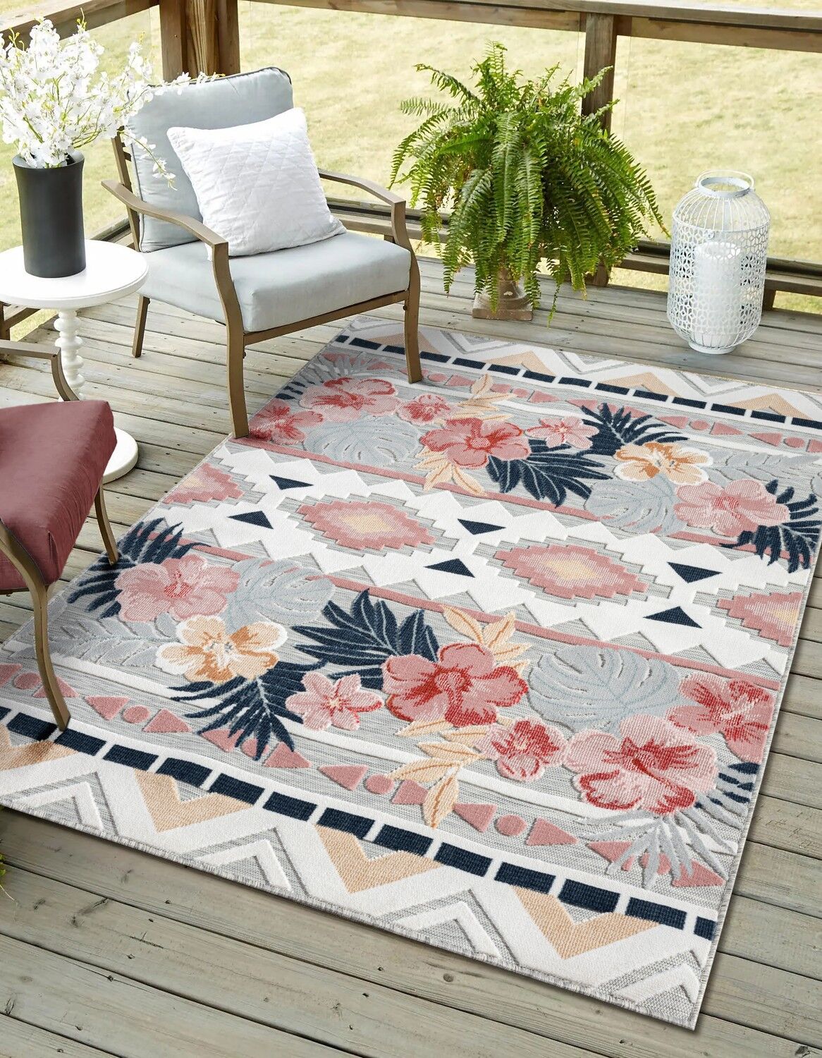 Outdoorteppich "Lotus, LAGERRÄUMUNG", bunt (grau,multi), B:160cm H:8mm L:230cm, Polypropylen, MYFLAIR MÖBEL & ACCESSOIRES, Teppiche, Outdoorteppich, florales Design, Blumen Motiv, Outdoor geeignet, Balkon, Terrasse grau,multi B : 160cm 1 Stk., 8mm, L: 230