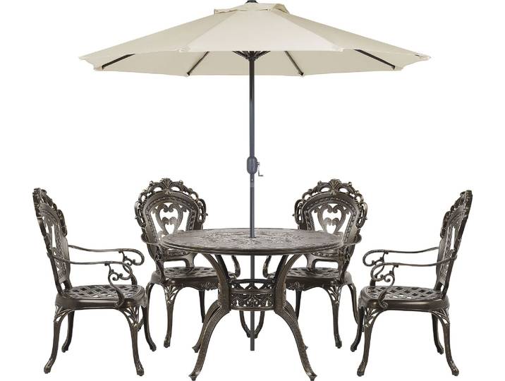 BELIANI Gartenmöbel Set mit Sonnenschirm Dunkelbraun Aluminum 4-Sitzer 6-teilig mit Auflagen Runder Tisch Garten Terrasse Balkon Ausstattung Möbel