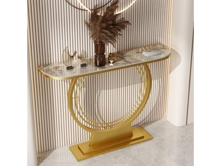 Weiwehome Moderner Konsolentisch, Sinterstein Flurtisch mit Metallgestell Sintersteinplatte, Stabiler Metallrahmen, Moderner Flurtisch, Kompaktes Design(Gold-B,47.2in)
