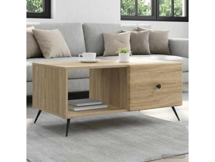 pokgdf Couchtisch Sonoma-Eiche 90x50x40 cm Holzwerkstoff mit Metallknöpfen Rechteckig, vintage Design, konische schwarze Beine, Stauraum für Zeitschriften, pflegeleichte Oberfläche