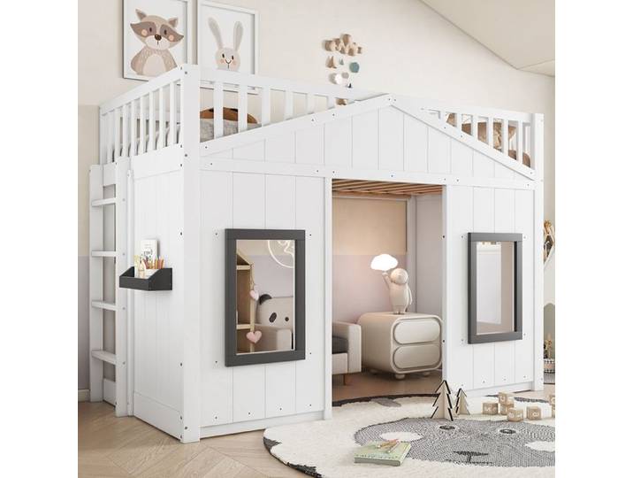 Lit Mezzanine enfant 90x200 cm lit maison avec escalier lit enfant avec fenêtre pin+MDF Blanc