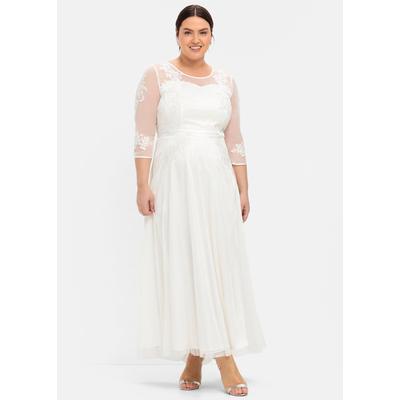 Abendkleid SHEEGO "Abendkleid", Damen, Gr. 52, Normalgrößen, 3/4 Arm, weiß (sanftes weiß), 100% Polyester, unifarben, lang, Rundhals, Kleider Abendkleid