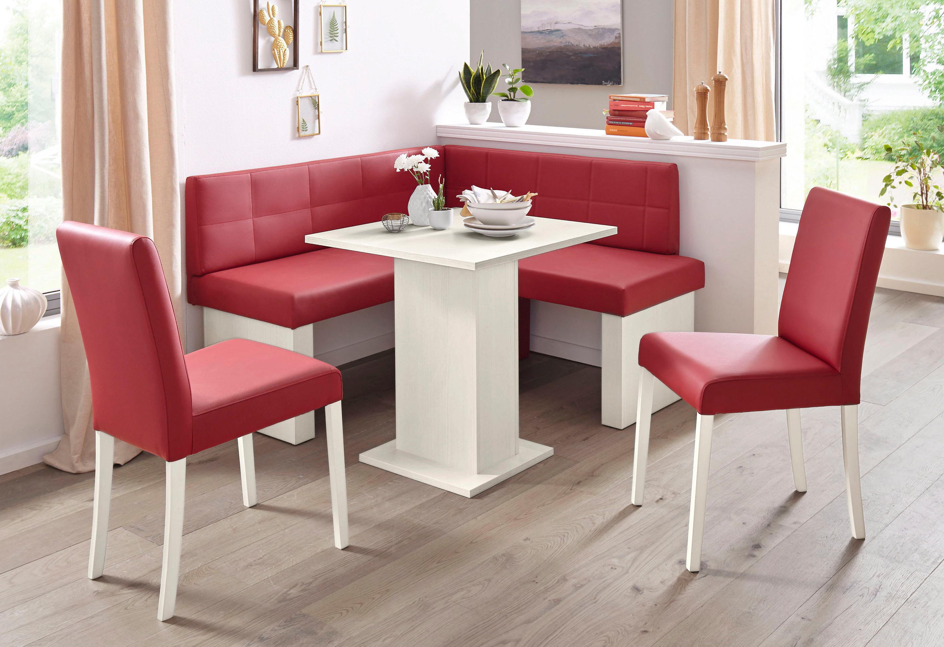 Eckbankgruppe MASSIVLINE & MORE "Anna 2", rot (holzwerkstoff mit farbe weiß, lotos 5269 rot, rot, weiß), Kunstleder, Eckbank Anna 130cm x 130cm,Säulentisch Anna 68cm x 68cm,2 x Stühle Anna,Weiss dekor,Lotos 5269 rot, Holzwerkstoff, Kunstleder, Sitzmöbel-S