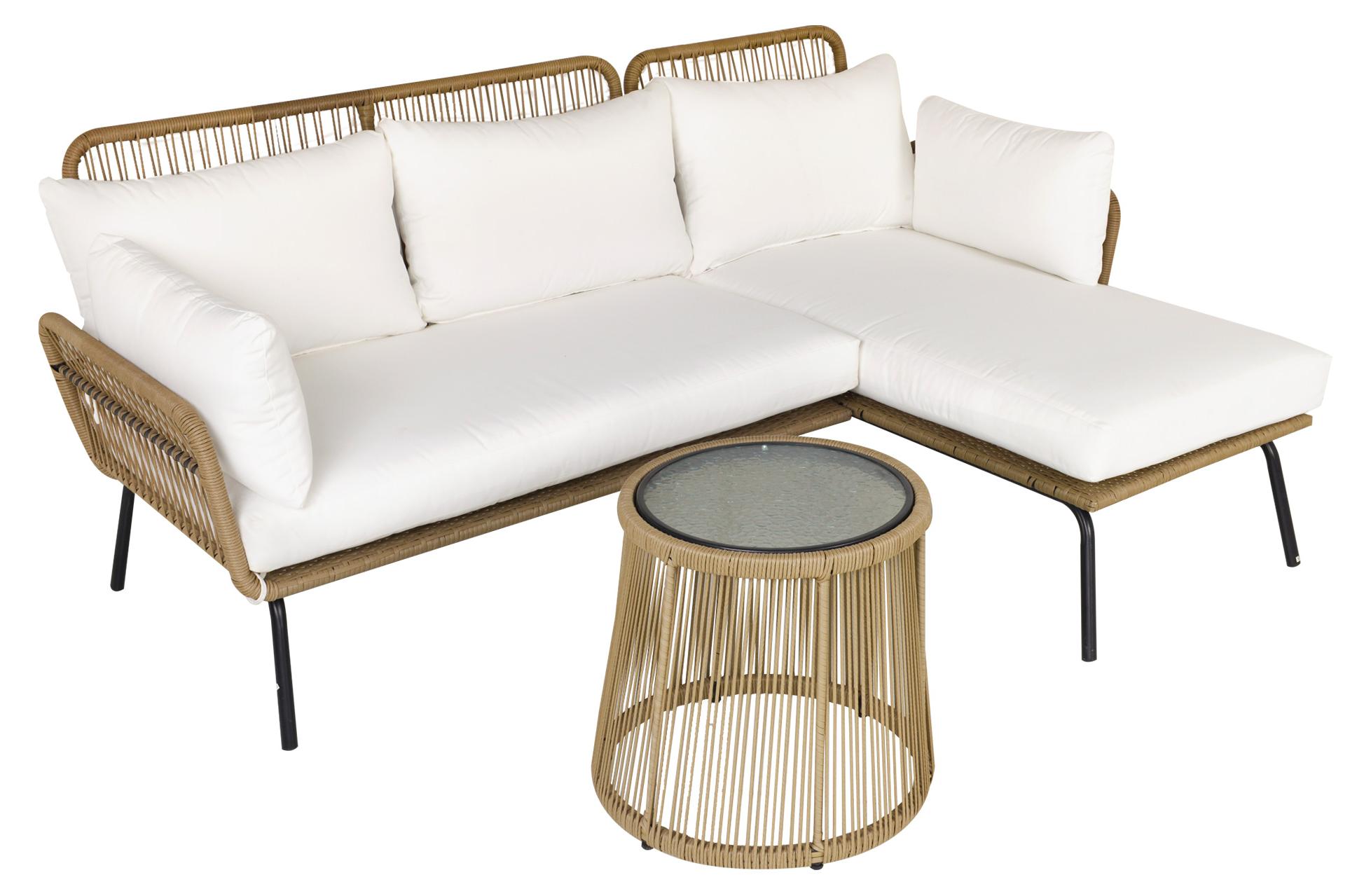 3 tlg. Rattan Gartenmöbel-Set, PE-Rattan, 1 Ecksofa, 1 Liege, inkl. Kissen, wetterbeständig, Kaffee +Creme