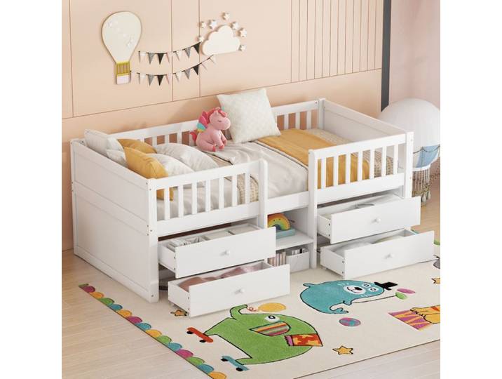Lit mi-hauteur enfant blanc avec 4 tiroirs échelle et barrières de sécurité