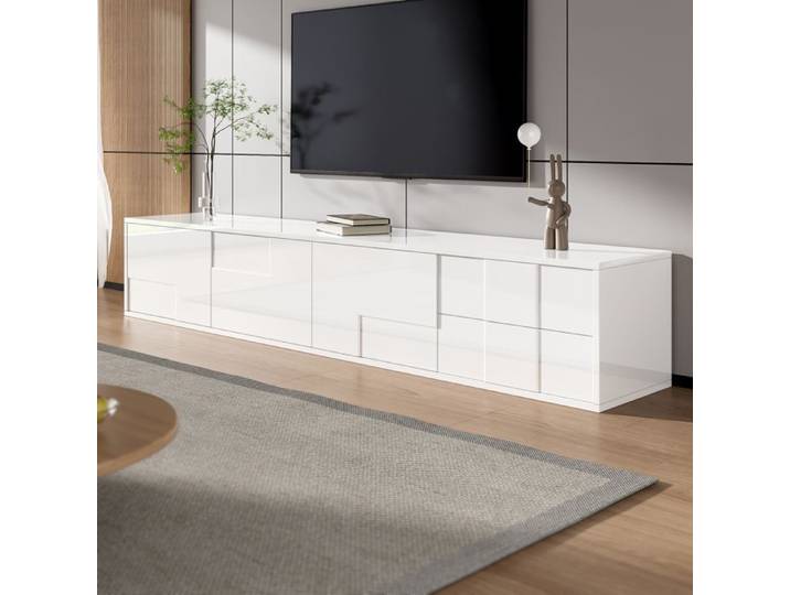 LPOSPI Meuble tv - moderne haute brillance avec 3 portes et 2 tiroirs sans poignées - mdf et pb blanc