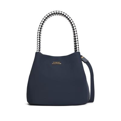 Handtasche TOMMY HILFIGER "TH MARINA BUCKET NYLON", Damen, Gr. B/H/T: 21cm x 13cm x 17cm, blau (dunkelblau), Leder, Textil, Taschen Handtasche, Damen Tragetasche, Umhängetasche, Schultertasche mit Logoschriftzug