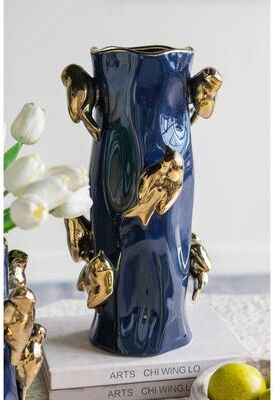 Kodotan sofa "8x8x15.5"" Blue Ceramic Tree Branch Vase with Gold Bird Accents"