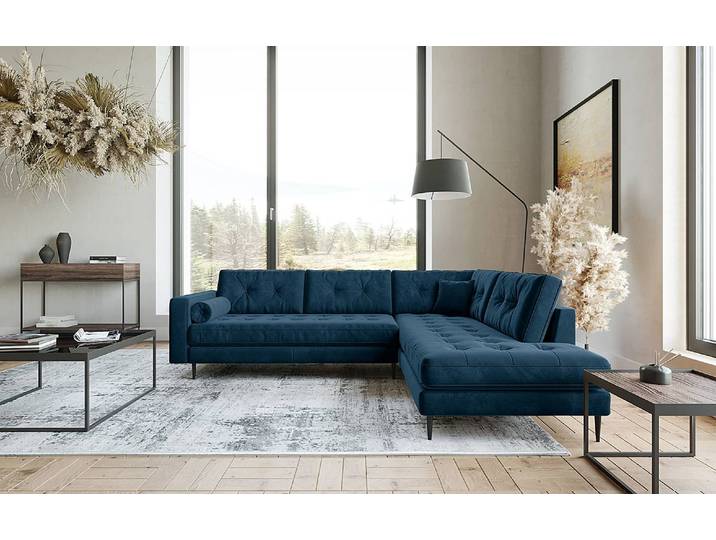 Ecksofa Purches Blau Samt Selby 259 x 87 x 205cm Ottomane davorstehend rechts Glamour