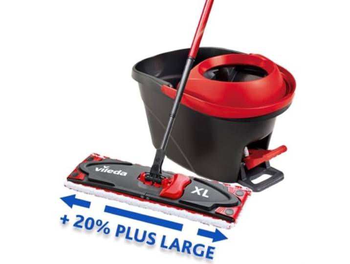 Vileda - Balai plat Ultramax Turbo XL - Kit Laveur de Sol avec Balai Plat\, Balai Serpillière Microfibre XL et Seau Essoreur à Pédale à Bec Verseur - Housse Microfibre 2 en 1 - Pour Tous Sols et Coins