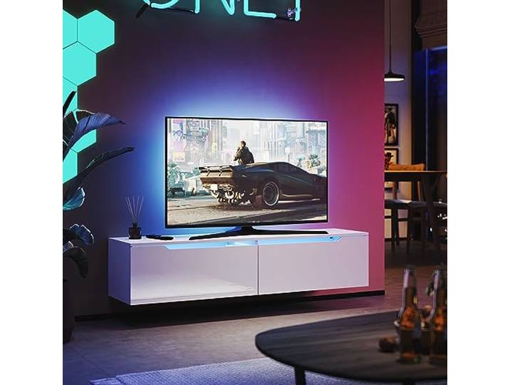 SUNXURY LED TV Board Hängend, TV Schrank weiß Lowboard Hängend Hochglanz Fernsehtisch 140 x 35 x 30 cm
