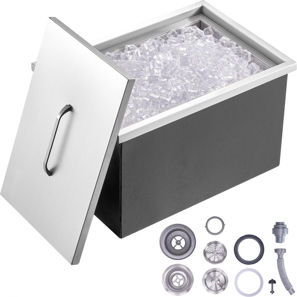 Drop-In-Eisbox - 43,5 L Edelstahl-Eiskühler - Kommerzieller Eisbehälter mit Abdeckung - Eingebaute Eisspeichertruhe - Abflussrohr und Ablassstopfen Enthalten - 558 x 430 x 306 mm