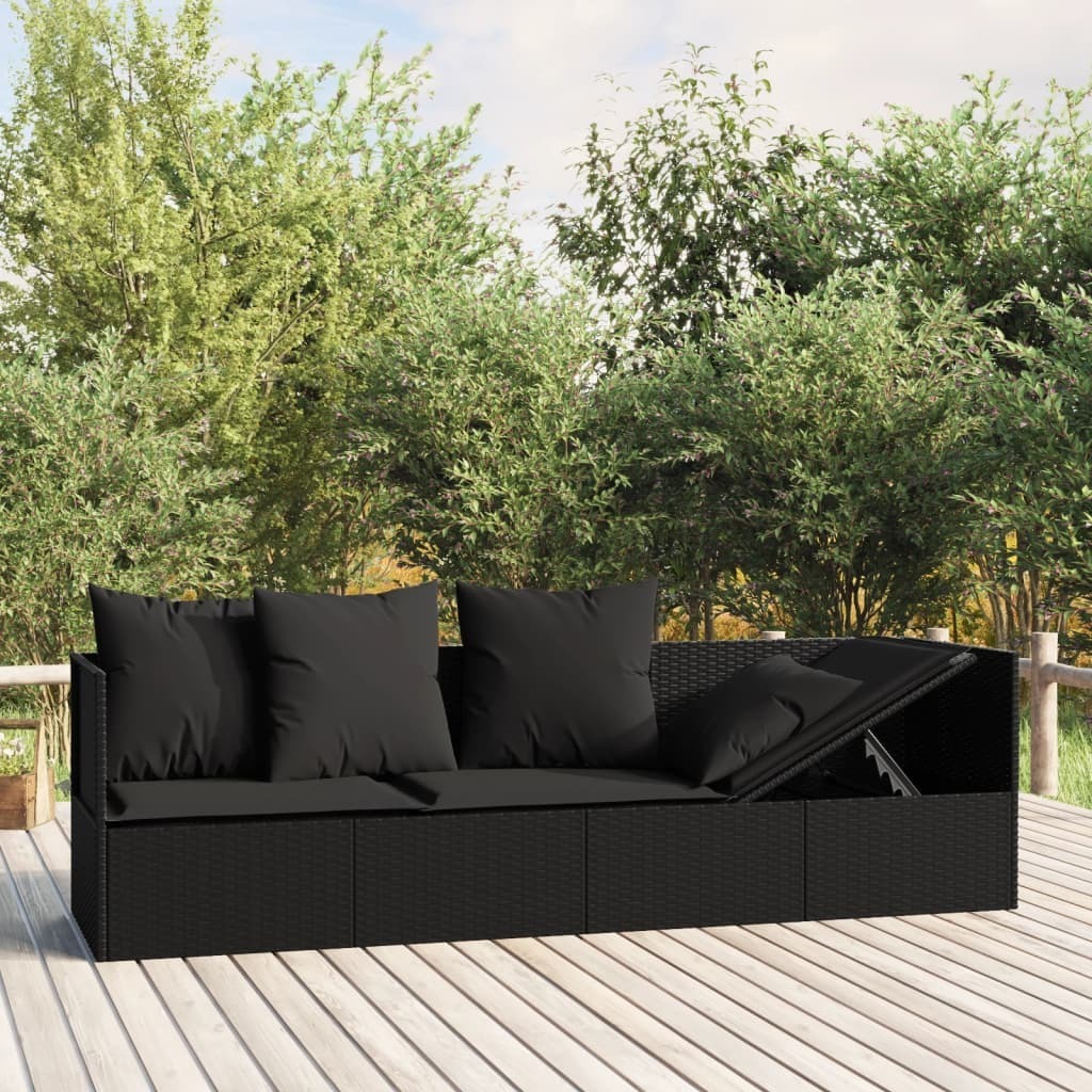 The Living Store Outdoor-Loungebett mit Kissen Schwarz Poly Rattan