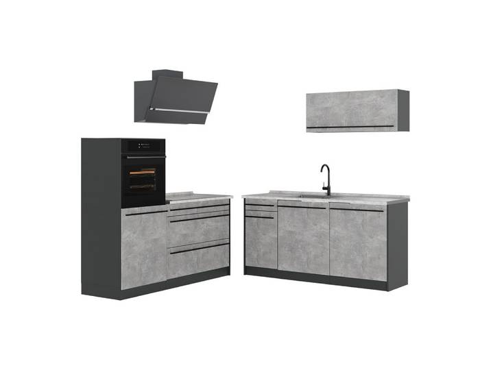 Vicco Küchenzeile R-Line, Beton/Anthrazit, 160 cm Arbeitsplatte Marmor