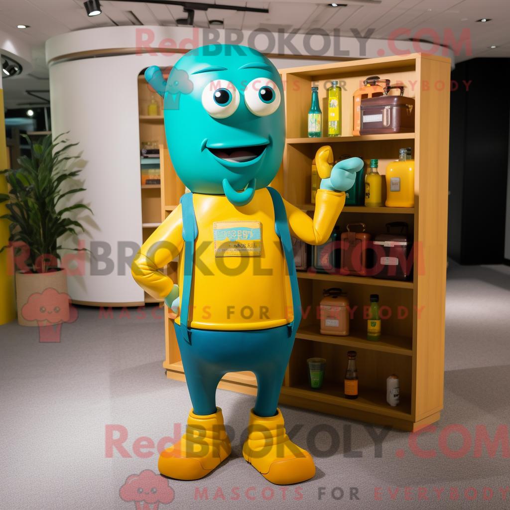 Maskottchenfigur REDBROKOLY einer blaugrünen Senfflasche mit Overall und Aktentasche